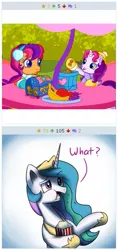 Size: 285x604 | Tagged: clothes, cookie, creepy, derpibooru import, dexterous hooves, g3, g3.5, holding, hoof hold, implications, popcorn, princess celestia, safe, scootaloo, screencap, sweetie belle, twinkle wish adventure