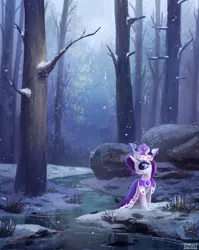 Size: 2300x2888 | Tagged: safe, artist:ajvl, derpibooru import, princess platinum, rarity, pony, unicorn, 2014, cloak, clothes, crown, female, forest, high res, image, jpeg, mare, river, scenery, scenery porn, smiling, snow, snowfall, solo, tree, water