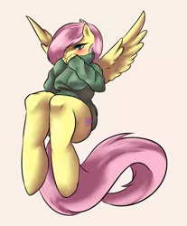 Size: 2069x2500 | Tagged: anthro, artist:albana, bottomless, breasts, clothes, fluttershy, simple background, solo, suggestive, sweater, sweatershy, unguligrade anthro