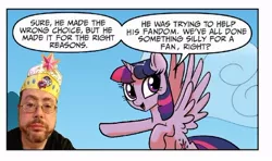 Size: 714x423 | Tagged: safe, derpibooru import, edit, idw, twilight sparkle, twilight sparkle (alicorn), alicorn, human, pony, spoiler:comic, spoiler:comic23, andy price, drama, female, irl, irl human, mare, photo, twilight justifies evil meme