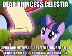 Size: 648x500 | Tagged: semi-grimdark, derpibooru import, rarity, spike, twilight sparkle, unicorn, caption, dark comedy, female, horrible, image macro, implied death, implied straight, implied suicide, letter, levitation, magic, male, meme, psychopath, psychopathy, shipping, shipping denied, sociopath, spikeabuse, suicide, telekinesis