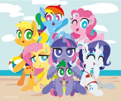 Size: 1280x1067 | Tagged: safe, artist:pixiedot9, derpibooru import, applejack, fluttershy, pinkie pie, rainbow dash, rarity, spike, twilight sparkle, twilight sparkle (alicorn), alicorn, pony, beach, bikini, clothes, female, mane seven, mane six, mare, swimsuit