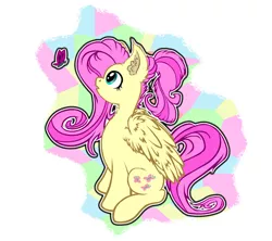 Size: 1400x1244 | Tagged: alternate hairstyle, artist:yooyfull, butterfly, ear fluff, fluttershy, safe, sitting, solo