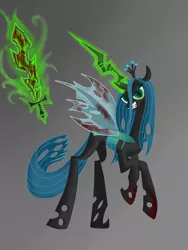 Size: 1024x1365 | Tagged: semi-grimdark, artist:metalbladepegasus, derpibooru import, queen chrysalis, changeling, changeling queen, blood, female, levitation, magic, solo, sword, telekinesis