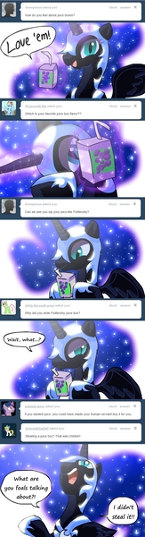 Size: 650x2400 | Tagged: artist:alfa995, ask, ask nightmare moon, comic, derpibooru import, juice box, magic, nightmare moon, safe, solo, tumblr