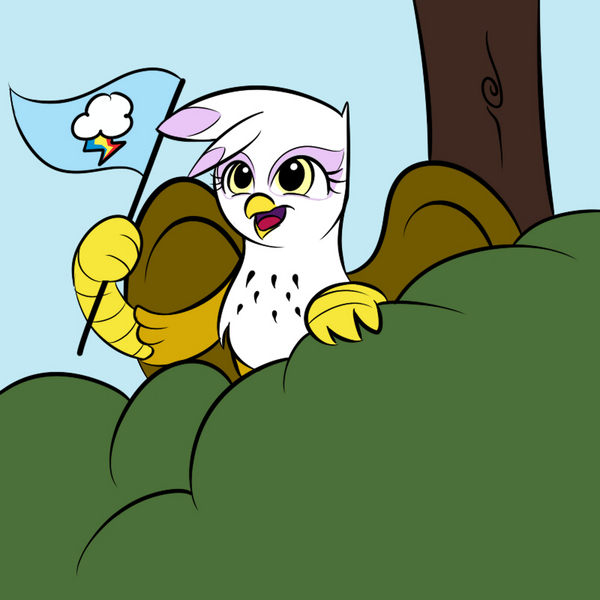 Size: 800x800 | Tagged: safe, artist:kloudmutt, artist:pacce, derpibooru import, gilda, gryphon, beak, bush, cheering, colored, female, flag, flag waving, gildadorable, happy, image, open beak, open mouth, open smile, png, solo