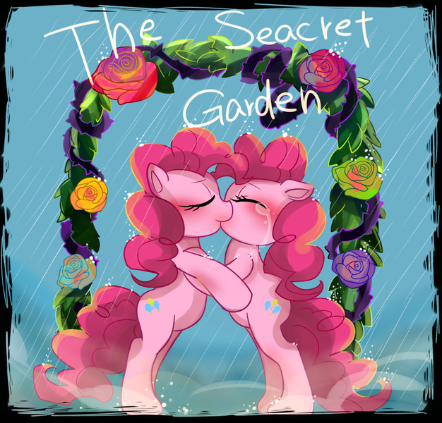 Size: 900x862 | Tagged: artist:marihico, crying, derpibooru import, duality, female, funcest, kissing, lesbian, misspelling, piepie, pinkie pie, rain, safe, selfcest, self ponidox, shipping, wet