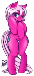 Size: 750x1662 | Tagged: suggestive, artist:rainbowsaliva, derpibooru import, oc, unofficial characters only, pony, bipedal, both cutie marks, cute, cute little fangs, eyebrows, freckles, licking, solo, underass, wide hips