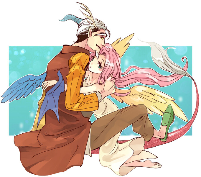 Size: 780x686 | Tagged: safe, artist:pasikon, derpibooru import, discord, fluttershy, human, barefoot, discoshy, feet, female, horned humanization, humanized, male, shipping, straight, tailed humanization, winged humanization