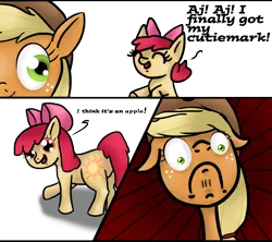 Size: 2400x2131 | Tagged: apple bloom, applejack, artist:smilingm00n, blasphemy, catasterism, comic, cutie mark, derpibooru import, dishonorapple, floppy ears, frown, happy, implied princess celestia, open mouth, safe, smiling, wide eyes