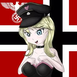 Size: 1553x1553 | Tagged: artist:anonymous, artist:aryanne, artist:randy, big breasts, blonde, blushing, breasts, collar, derpibooru import, eagle, female, flag, germany, hat, human, humanized, /mlp/, nazi, oc, oc:aryanne, /pol/, skull, solo, suggestive, swastika, unofficial characters only, waffen-ss