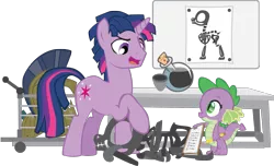 Size: 1525x929 | Tagged: artist:trotsworth, barb, clipboard, derpibooru import, dusk shine, fanfic, fanfic art, necromancy, pencil, rule 63, safe, simple background, skeleton, spike, this will end in tears, transparent background, twilight sparkle