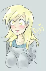 Size: 832x1280 | Tagged: safe, artist:annie-aya, derpibooru import, derpy hooves, human, blushing, clothes, humanized, solo, sweater, tongue out