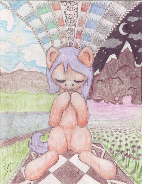 Size: 5102x6599 | Tagged: absurd resolution, artist:bluepianta, carpet, derpibooru import, eyes closed, flower, grass, moon, mountain, pond, safe, scootaloo, solo, sun, traditional art