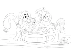 Size: 1001x683 | Tagged: apple, apple bobbing, applejack, artist:drake, derpibooru import, grayscale, monochrome, rainbow dash, safe, scootaloo, wet