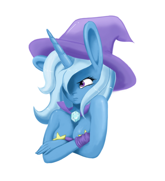Size: 1014x1112 | Tagged: anthro, artist:ask-molestia, artist:twilite-sparkleplz, big ears, breasts, bust, busty trixie, clothes, crossed arms, female, grumpy pony, hat, human facial structure, pasties, questionable, trixie, trixie's hat