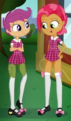 Size: 896x1512 | Tagged: source needed, useless source url, safe, artist:ohohokapi, deleted from derpibooru, derpibooru import, babs seed, scootaloo, equestria girls, clothes, jailbait, mary janes, school uniform, schoolgirl, tomboy taming