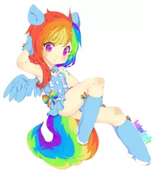 Size: 628x698 | Tagged: safe, artist:cutie-pie-neko, derpibooru import, rainbow dash, human, alternative cutie mark placement, bow, clothes, colored pupils, cute, cutie mark on human, dashabetes, eared humanization, female, gloves, humanized, looking at you, schrödinger's pantsu, solo, tailed humanization, winged humanization