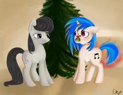 Size: 3000x2333 | Tagged: safe, artist:snugbunny, derpibooru import, octavia melody, vinyl scratch, blushing, christmas, christmas tree, female, floppy ears, frown, grin, lesbian, mistletoe, scratchtavia, shipping, shipping denied, smiling, tree, unamused