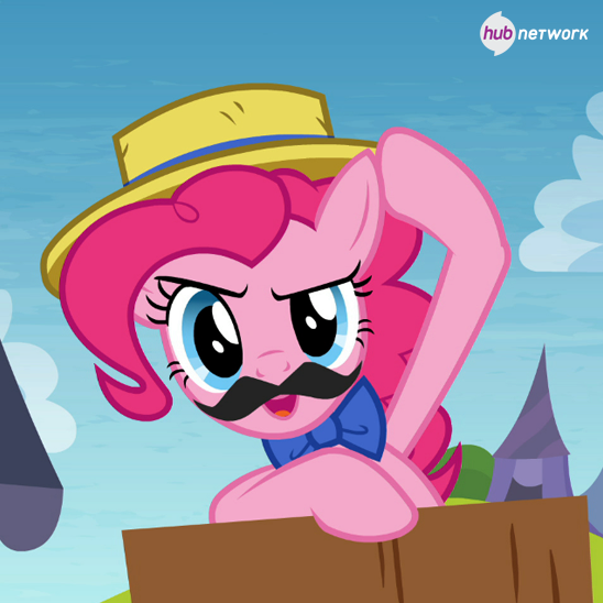 Size: 548x548 | Tagged: safe, derpibooru import, screencap, pinkie pie, trade ya, bowtie, fake moustache, hat, hub logo, hub network, official, the hub