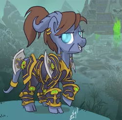 Size: 657x650 | Tagged: armor, artist:atryl, bedroom eyes, cloven hooves, draenei, earring, grin, horns, looking at you, naxxramas, ponified, ponytail, raised hoof, safe, scar, smiling, solo, warcraft, world of warcraft