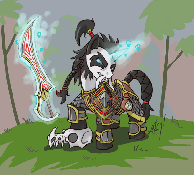 Size: 719x650 | Tagged: safe, artist:atryl, derpibooru import, ponified, pandaren, pony, unicorn, armor, braid, death knight, grin, looking at you, magic, moustache, pose, runes, skull, smiling, solo, sword, telekinesis, warcraft, weapon, world of warcraft