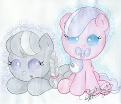 Size: 2656x2288 | Tagged: safe, artist:jackie00liza, derpibooru import, diamond tiara, silver spoon, earth pony, pony, adorabullies, baby, baby pony, cute, diamondbetes, filly, missing accessory, open mouth, pacifier, silverbetes, traditional art