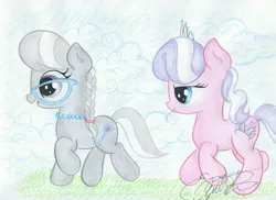 Size: 3456x2512 | Tagged: safe, artist:jackie00liza, derpibooru import, diamond tiara, silver spoon, earth pony, pony, adorabullies, cloud, cloudy, cute, filly, glasses, open mouth, playing, running, traditional art