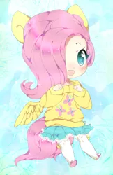Size: 311x480 | Tagged: artist:cutie-pie-neko, chibi, clothes, colored pupils, cute, cutie mark, cutie mark on clothes, derpibooru import, eared humanization, fluttershy, hair over one eye, human, humanized, looking at you, safe, shyabetes, skirt, socks, solo, sweatershy, tailed humanization, winged humanization