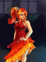 Size: 3000x4000 | Tagged: artist:checkerboardazn, beautiful, clothes, derpibooru import, dress, female, human, humanized, pixiv, ponytail, safe, solo, sunset shimmer