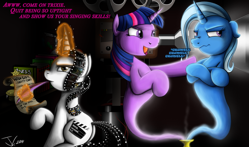 Size: 1200x713 | Tagged: aladdin, artist:jamescorck, ask, asktwixiegenies, dashcon, derpibooru import, female, genie, lesbian, oc, oc:movie slate, safe, shipping, species swap, trixie, tumblr, twilight sparkle, twixie