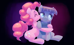 Size: 1920x1179 | Tagged: safe, artist:gsphere, derpibooru import, maud pie, pinkie pie, earth pony, pony, blushing, clothes, cute, diapinkes, embarrassed, eyes closed, female, hug, mare, maudabetes, nose wrinkle, scrunchy face, sisters, smiling, when she smiles