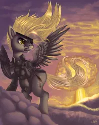 Size: 3000x3811 | Tagged: semi-grimdark, derpibooru import, derpy hooves, pegasus, pony, angry, blood, clothes, epic derpy, eyepatch, female, injured, konami, mare, metal gear, nuclear weapon, raised hoof, solo, windswept mane