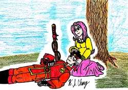 Size: 922x645 | Tagged: artist:stealthninja5, bionicle, clothes, crossover, derpibooru import, female, fluttershy, human, humanized, kanohi hau, lego, long skirt, male, relaxing, safe, skirt, sweater, sweatershy, tahu, traditional art, tree