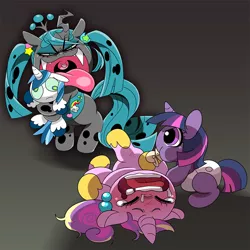 Size: 800x800 | Tagged: safe, artist:naoki, derpibooru import, princess cadance, queen chrysalis, shining armor, twilight sparkle, pony, baby, baby pony, diaper, pacifier, pixiv, wat, younger