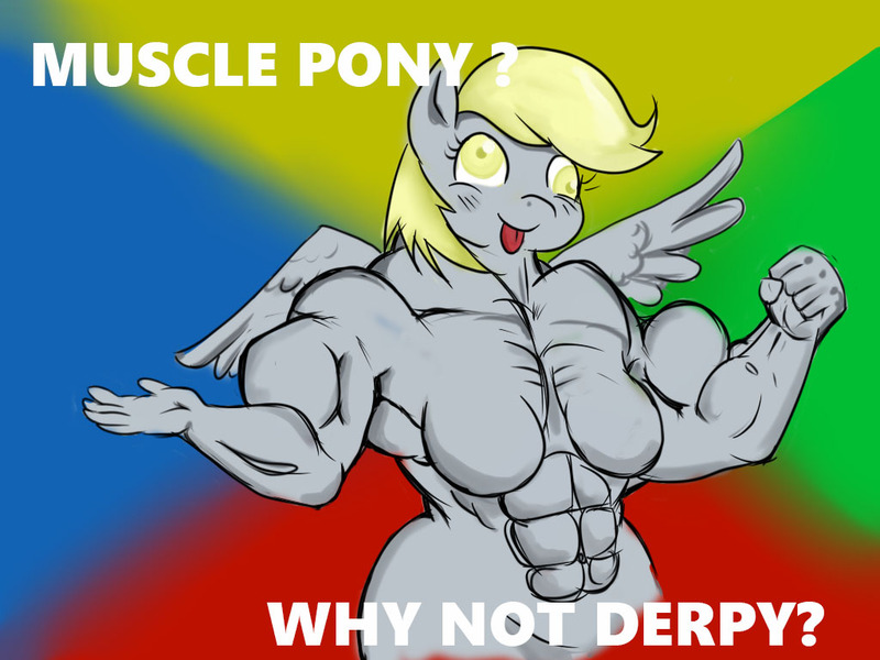 Size: 1024x768 | Tagged: questionable, artist:eko1986, derpibooru import, derpy hooves, anthro, abomination, barbie doll anatomy, breasts, buff breasts, burly hooves, featureless breasts, fetish, muscle fetish, muscles, rainbow background, tongue out