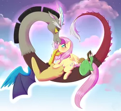 Size: 1700x1554 | Tagged: safe, artist:meb90, derpibooru import, discord, fluttershy, discoshy, female, male, pink cloud, shipping, sky, straight