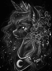 Size: 600x826 | Tagged: safe, artist:arnne, derpibooru import, princess luna, alicorn, pony, bust, crying, fluffy, frown, monochrome, open mouth, portrait, profile, sad, solo, traditional art