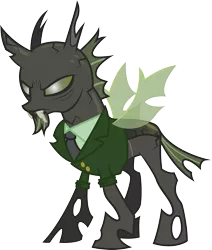 Size: 2335x2756 | Tagged: artist:duskthebatpack, changeling, clothes, derpibooru import, frown, glare, goatee, green changeling, necktie, oc, oc:ruse, old, safe, simple background, solo, suit, transparent background, unofficial characters only, vector