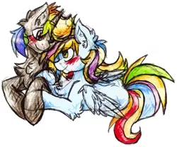 Size: 1013x843 | Tagged: safe, artist:iroxykun, derpibooru import, oc, oc:kaleidoscope star, oc:sterling spectrum, unofficial characters only, pegasus, pony, unicorn, art trade, couple, female, horn, male, mare, oc x oc, rainbow, rainbow hair, stallion, wings