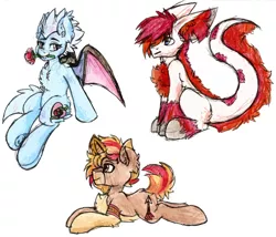 Size: 1834x1572 | Tagged: safe, artist:iroxykun, derpibooru import, oc, oc:austus, oc:quiver, oc:swoonflight, unofficial characters only, bat pony, original species, unicorn, adoptable, bedroom eyes, chest fluff, cute, female, fluffy, grin, horn, looking at you, lutei, male, mare, mouth hold, prone, sitting, smiling, stallion