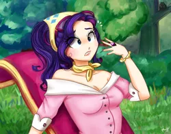 Size: 1150x900 | Tagged: artist:cosmicponye, camping outfit, derpibooru import, fainting couch, human, humanized, nail polish, rarity, safe, scene interpretation, sleepless in ponyville, solo