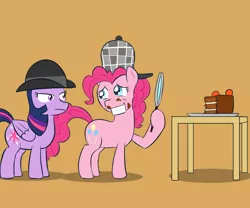 Size: 1000x833 | Tagged: safe, artist:empyu, derpibooru import, pinkie pie, twilight sparkle, twilight sparkle (alicorn), alicorn, pony, bowler hat, cake, detective, female, food, hat, magnifying glass, mare, messy, sherlock hat, stain