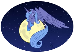 Size: 875x634 | Tagged: safe, artist:jenasu, derpibooru import, princess luna, alicorn, pony, eyes closed, moon, s1 luna, smiling, solo, space, spread wings, tangible heavenly object, wings