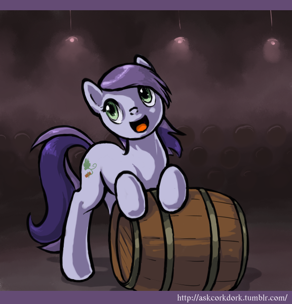 Size: 600x625 | Tagged: safe, artist:choedan-kal, derpibooru import, oc, oc:cork dork, unofficial characters only, earth pony, pony, askcorkdork, barrel, cellar, solo, wine cellar