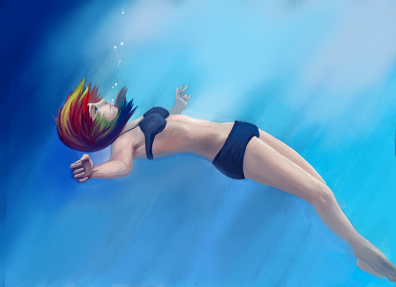 Size: 3467x2514 | Tagged: armpits, artist:tiger-type, bikini, bubble, clothes, dead source, derpibooru import, floating, human, humanized, rainbow dash, safe, solo, swimsuit, underwater