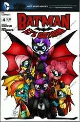 Size: 628x960 | Tagged: applejack, artist:ponygoddess, batgirl, batman, batwoman, clothes, costume, crossover, dc comics, derpibooru import, fluttershy, nightwing, pinkie pie, rainbow dash, rarity, red robin, robin, safe, twilight sparkle