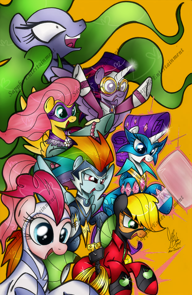 Size: 621x953 | Tagged: safe, artist:ponygoddess, derpibooru import, applejack, fili-second, fluttershy, mane-iac, masked matter-horn, mistress marevelous, pinkie pie, radiance, rainbow dash, rarity, saddle rager, twilight sparkle, twilight sparkle (alicorn), zapp, alicorn, pony, power ponies (episode), female, mare, power ponies