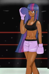 Size: 600x898 | Tagged: abs, artist:whitepulse43, belly button, boxing, boxing gloves, boxing ring, clothes, dark skin, derpibooru import, fit, human, humanized, midriff, safe, shorts, solo, sports bra, sweat, towel, trunks, twilight sparkle