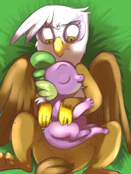 Size: 1200x1600 | Tagged: safe, artist:imsokyo, derpibooru import, gilda, spike, gryphon, daily sleeping spike, annoyed, cuddling, eyes closed, frown, gilda is not amused, glare, non-consensual cuddling, on back, sleeping, smiling, snuggling, spilda, tumblr, wide eyes